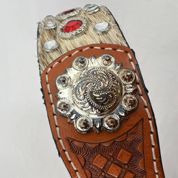 3-D western belt 28 calf hair gems crystals DDD silver hardware red leather - Picture 11 of 13